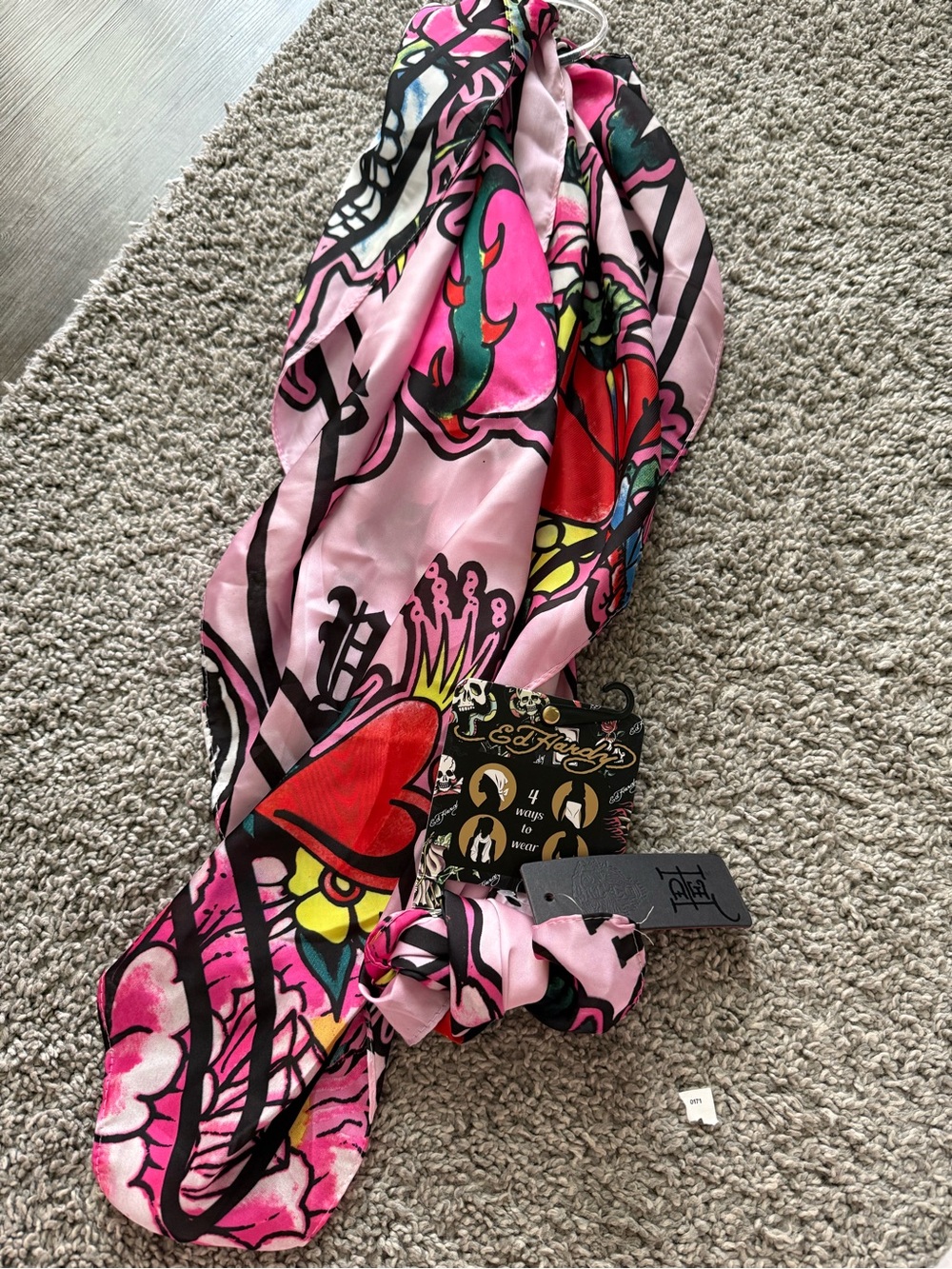 Ed Hardy Pink Multicolor Floral & Skull Silk-Feel Scarf